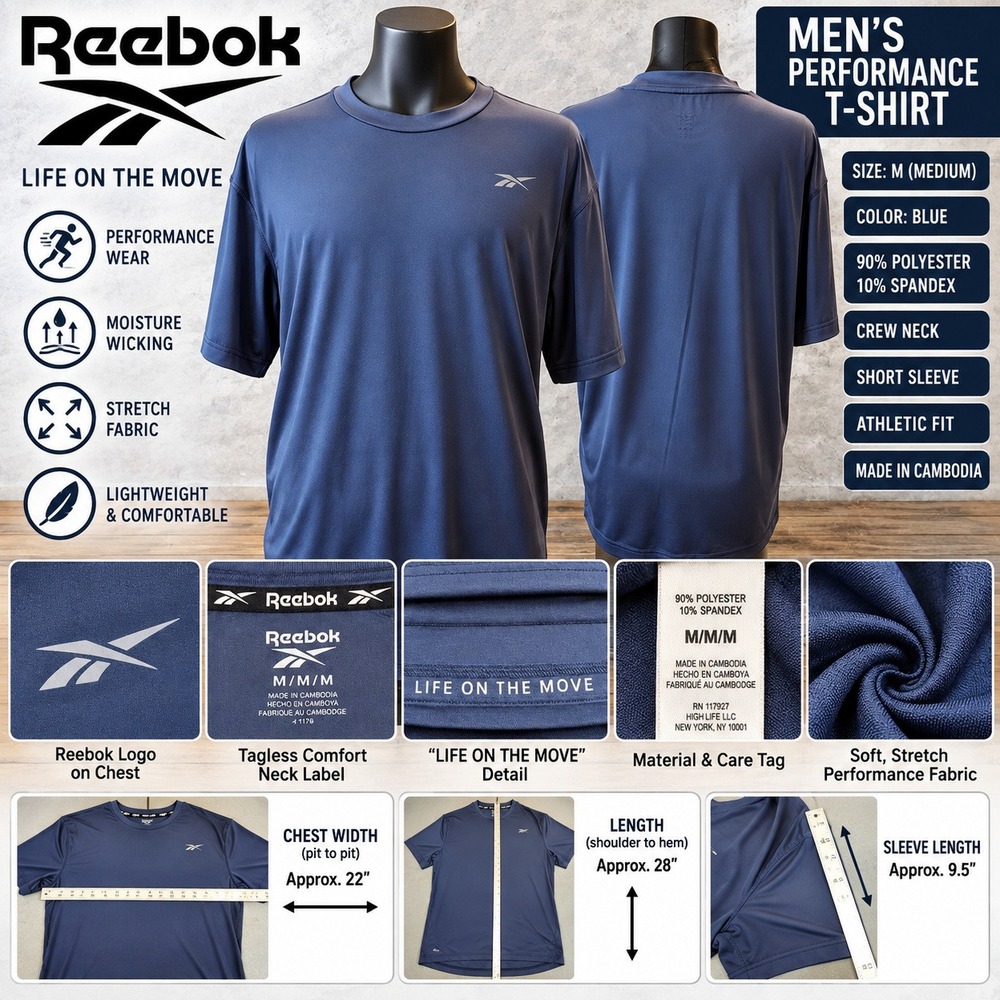 Reebok Life On The Move Mens Blue Performance T-Shirt Short Sleeve Medium